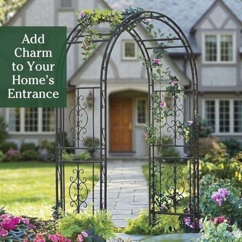 Plow & Hearth Arch Metal Outdoor Garden Arbor | Montebello | 7 Feet Tall | Steel Iron Trellis Lattice for Climbing Plants & Heavy Vines | Wedding Outdoor Patio Décor