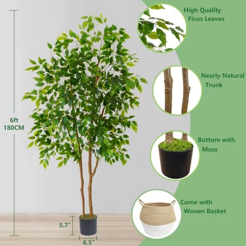 Warmplants Artificial Ficus Tree 6ft Fake Floor Plant with Woven Basket