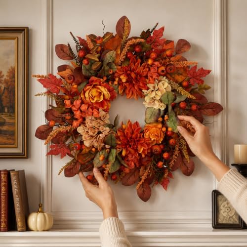 Autumn Harvest Wreath for Front Door 26 Inch, Fall Decor with Orange Dahlias Maple Leaves Berries Hydrangeas, Thanksgiving Halloween Wreaths for Front Door Grapevine Twig