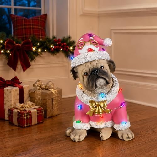 Lighted Christmas Bulldog Statue, Pink Outfit