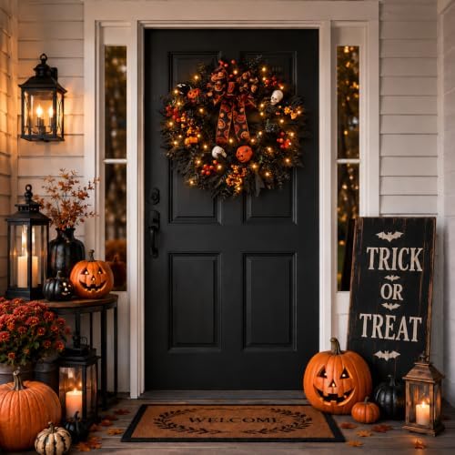 24 in Halloween Wreath for Front Door, Black Skeleton Spider Web Door Decor