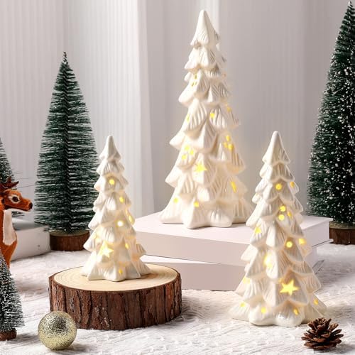 Nuogo 3 Pcs Lighted Ceramic Christmas Tree White Porcelain Tabletop