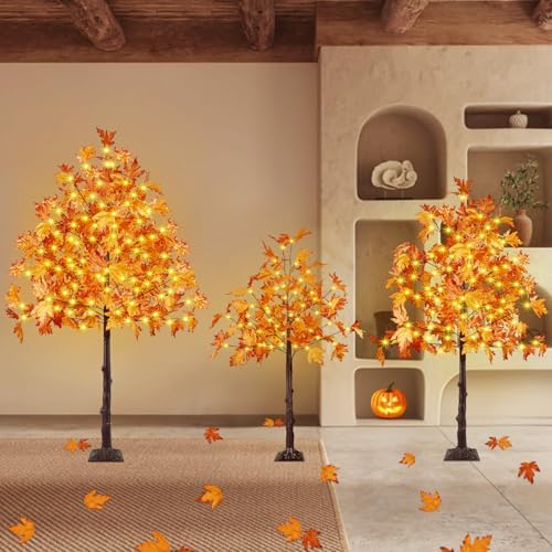 3 Pack Lighted Maple Tree 300 LED Artificial Fall Tree for Home Decorations