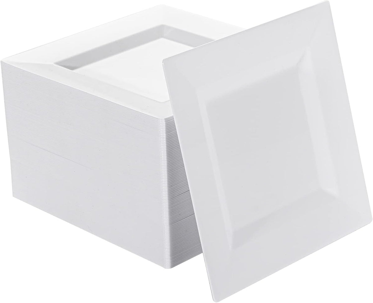 100 Pack White Plastic Square Dessert Plates, 6.5" Disposable Salad Plates
