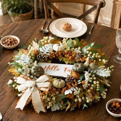 24'' Fall Wreaths for Front Door with Lights and Timer, Farmhouse