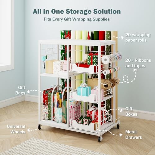 LUCKUP Rolling Wrapping Paper Organizer Cart – Gift Wrap Storage with Wheels, 20 Roll Holders, 3 Drawers & Ribbon Dispenser, Craft Organizer for Christmas, Birthdays, White