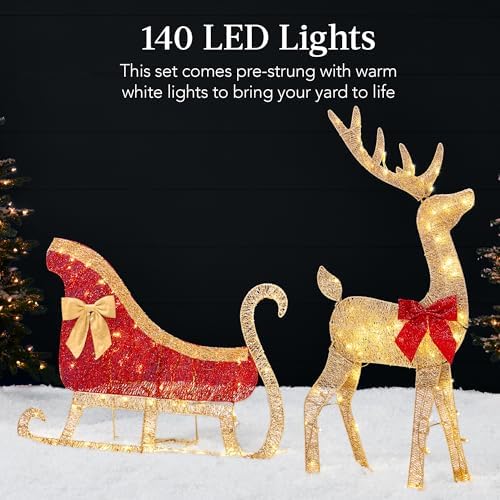 Best Choice Products 4ft Lighted 2D Reindeer & Sleigh Set, Christmas Holiday Deer & Sled Outdoor Yard Decoration w/ 140 LED Lights - Gold