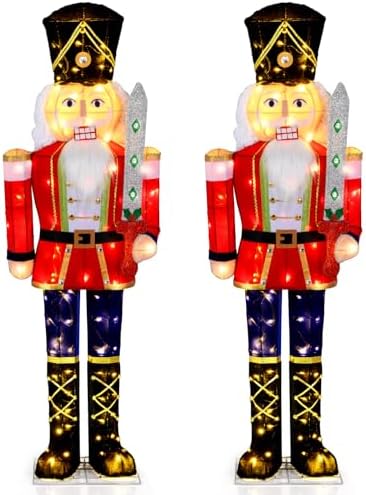 Tangkula 5 FT Christmas Lighted Nutcracker Holding Glitter Sword Decoration