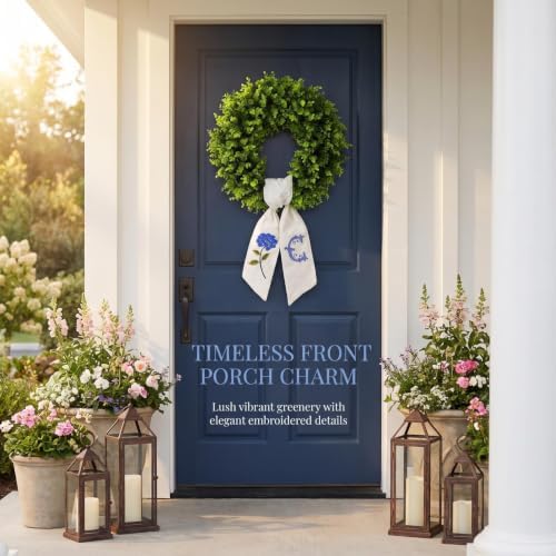 Boxwood Wreath for Front Door Spring Summer Wreaths for Farmhouse,Last Name Initial Year Round Porch Decor,20 inch Green Wreath with Personalized Monogram sash Embroidered Hydrangea and Letter - (C)