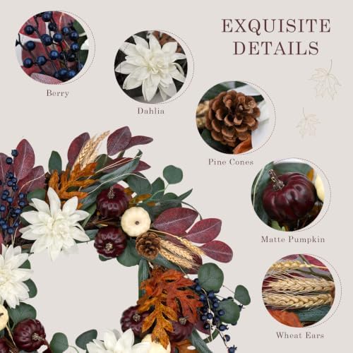 24 Inch Fall Wreath for Front Door, Autumn Wreath for Door Decoration