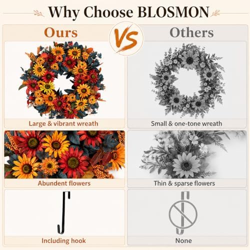 BLOSMON 24in Fall Wreaths for Front Door, Sunflower Fall Wreath with Hanger
