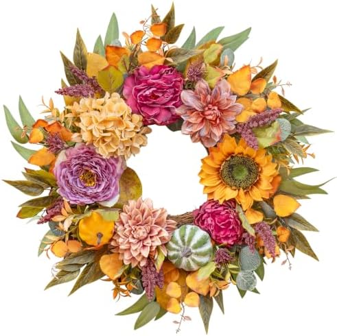 24 Inch Artificial Fall Wreaths for Front Door Outside with Sunflower,Peony