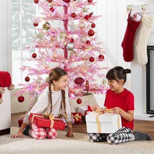 Best Choice Products Pre-Lit Sparse Christmas Tree 4.5ft Artificial Flocked Pine Holiday Décor Aspen Noble Fir White & Multicolor LED Lights- Pink