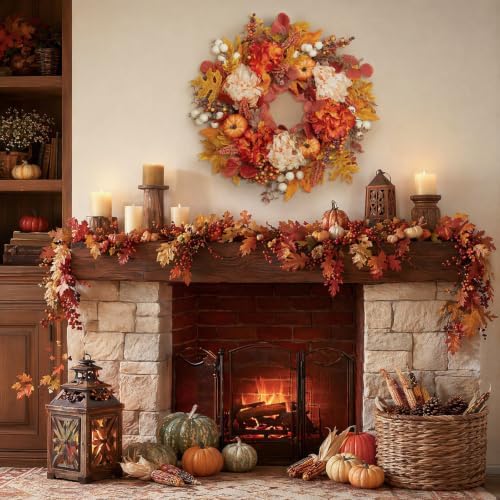 24 Inch Fall Wreath for Front Door, Artificial Autumn Leaves with Pumpkins
