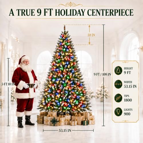 9Ft Pre-Lit Artificial Christmas Tree, 900 Dual-Color Lights, 1800 Tips