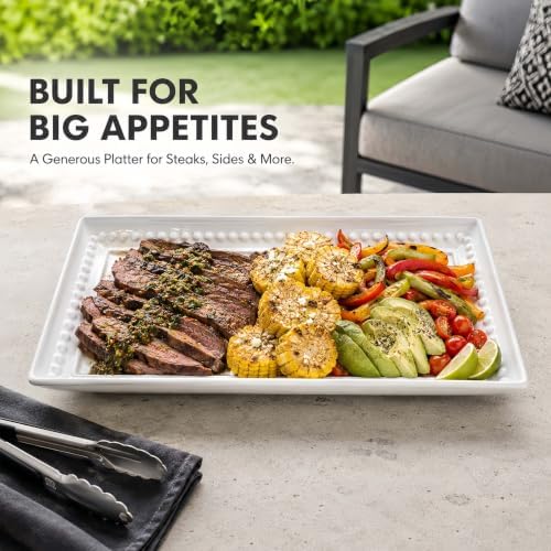 14 inch Ceramic Serving Platter - Rectangular Serving Trays Set of 4, Large Embossed Plates, Porcelain White Platters for Steak, Appetizer, Dessert, Tacos, Housewarming, Oven Dishwasher Safe