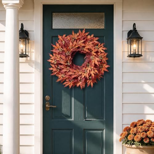 26" Artificial Fall Maple Leaves Wreath for Front Door Decoration (Orange)