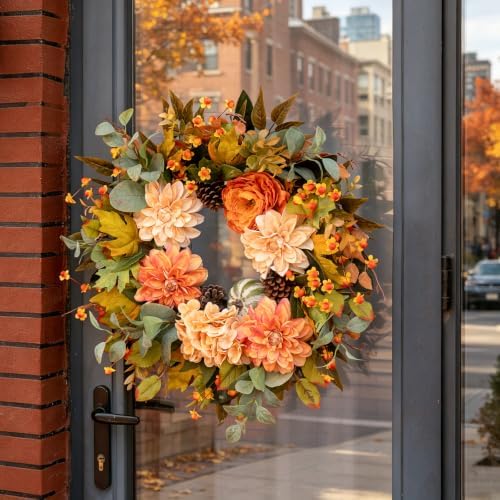 24 Inch Harvest Fall Wreaths for Front Door Outside with Dahlia & Pumpkins