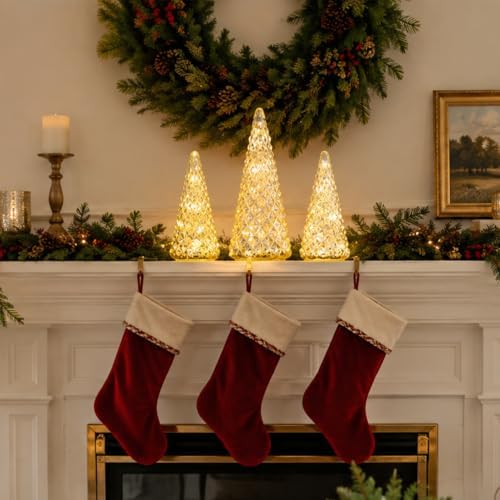 Christmas Decorations Indoor, YEAHOME Set of 3 Pre-lit Gold Glass Christmas Tree for Home Decor, Christmas Table Decorations Lighted Xmas Tree with Timer for Living Room Mantel Tabletop Party