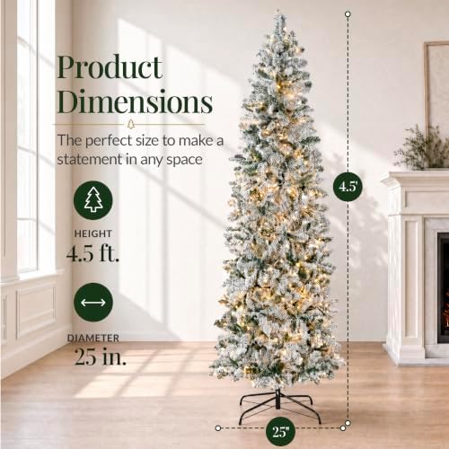 Best Choice Products 4.5ft Flocked Pencil Christmas Tree w/Twinkling LEDs, Pre-Lit Slim Artificial Holiday Decoration, Lighted Skinny w/Base, 150 Lights, 268 Tips, Warm White Lights