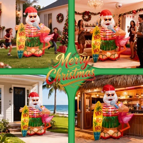 6FT Christmas Inflatable Hawaiian Santa Claus with Flamingo and Surfboard Outdoor Decoration, Tropical Blow up with Build-in LEDs for Indoor Outdoor Xmas Party Garden Yard Lawn Decor