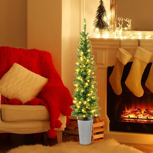 HAPPYGRILL Set of 3 Pencil Christmas Tree, 3' 4' 5' Prelit Slim Xmas Tree