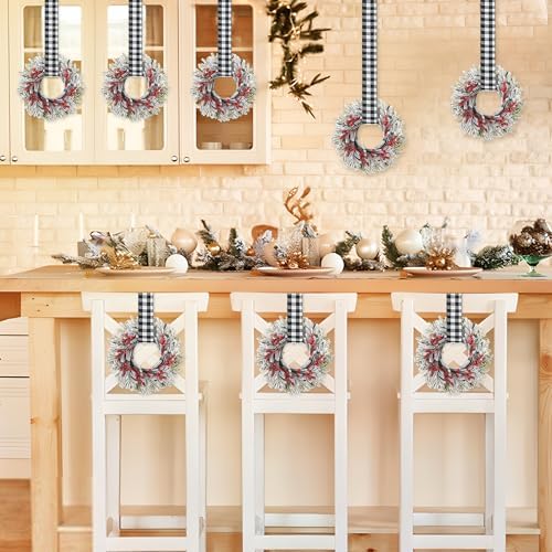 12 Pcs 9.5'' Small Christmas Kitchen Cabinet Wreaths with Adjustable Ribbon Mini Hanging Christmas Wreath Candle Rings Artificial Norfolk Pine Wreath for Door Window Wall (White & Black Plaid)