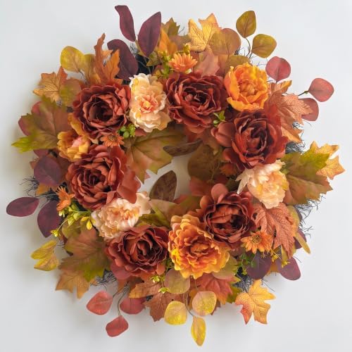 26Inch Full Fall Wreaths for Front Door Outside, Peony Hydrangea Wreath, Large Autumn Wreath for Home Porch, Fall Wreath for Porch Thanksgiving & Harvest Decor