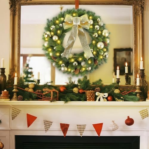 Hausse 21" Lighted Christmas Wreath with Metal Hanger, Pre-lit Xmas Folded Wreath with LED Lights, Golden Bow & Balls, Battery Operated & Timer for Front Door Gate Wall Holiday Party Decor