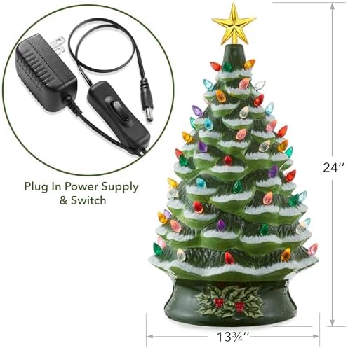 Casafield Hand Painted Ceramic Christmas Tree, Green Snow Flocked 24-Inch Pre-Lit Tree with 148 Multi Color Lights and 2 Star Toppers