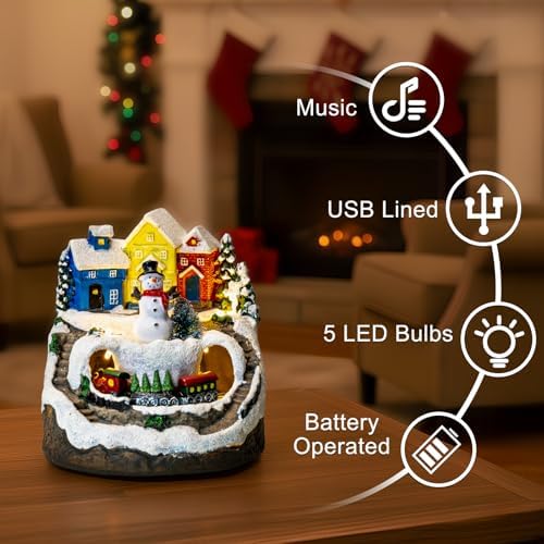 MXwcy Christmas Village House with Moving Train & Music - Lighted Snowman Figurine with 8 Holiday Songs, LED Lights - Resin Collectible Building for Indoor Xmas Decor, Table Centerpiece, Gifts