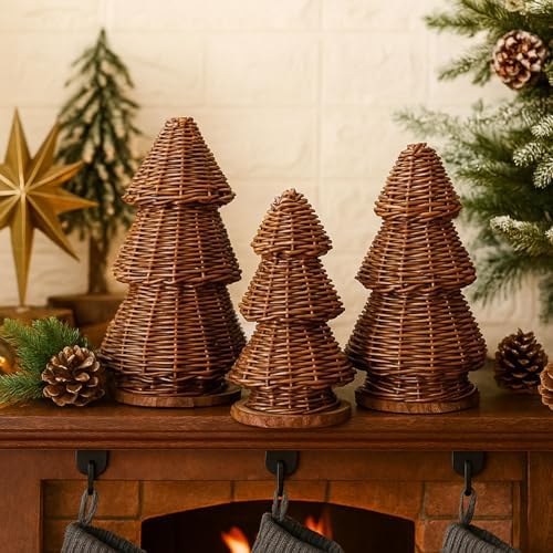 MiniInflat 3 Pcs Woven Rattan Christmas Tree Decor, Classic Weave, Brown