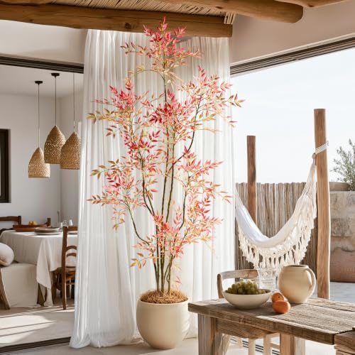 7.2ft Faux Bamboo Tree Artificial Nandina Tree Artificial Indoor Plants Realistic Fake Potted Tree with 800+ Leaves, Cement Planter - Home Office Decor Perfect for Housewarming Gift Non-Toxic