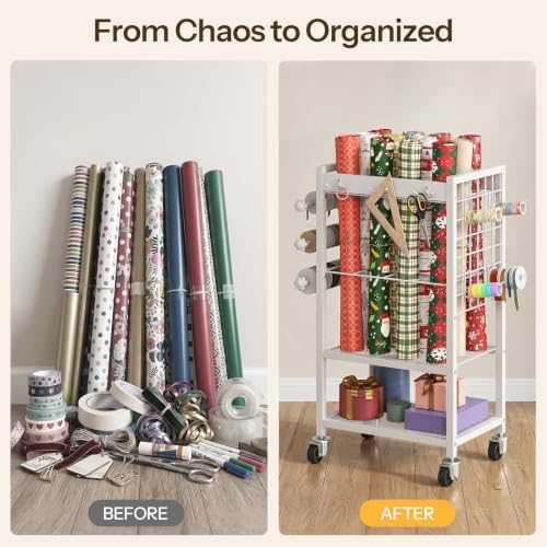 HOOBRO Wrapping Paper Storage Cart, Rolling Craft Storage Cart with Wheels