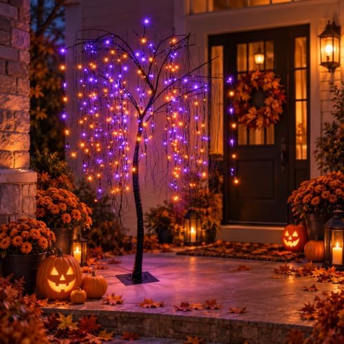 7 FT Halloween Lighted Willow Tree 256 LED Orange and Purple Lights Artificial Weeping Willow Tree with 6 Spiders Outdoor Indoor Decoration Christmas Festival Party Home Decor