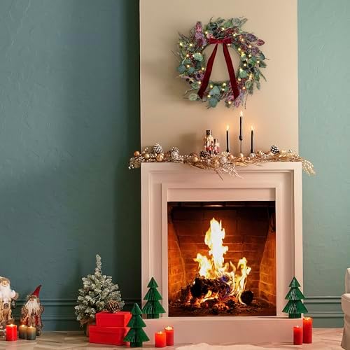 24 Inch Pre-Lit Artificial Christmas Wreath for Front Door Welcome - Realistic Frosted Eucalyptus Black Berries Red Velvet Bow - 50 LED Battery Operated Timer for Indoor Outdoor Modern Farmhouse
