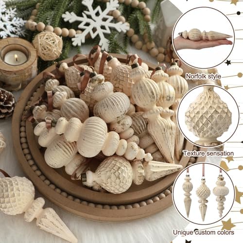 Yunlly 18 Pcs Neutral Christmas Ornaments Ivory Xmas Tree Decor