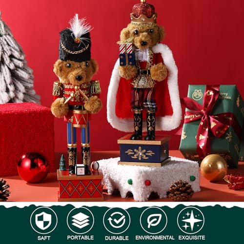 2 Pcs Wooden Christmas Decorations Nutcracker, 28CM/11 inch Traditional Nutcracker Figures,Festive Collectible Christmas Nutcracker Figures Party Tabletop Thanksgiving Decor (Bear Drummer & Bear King)