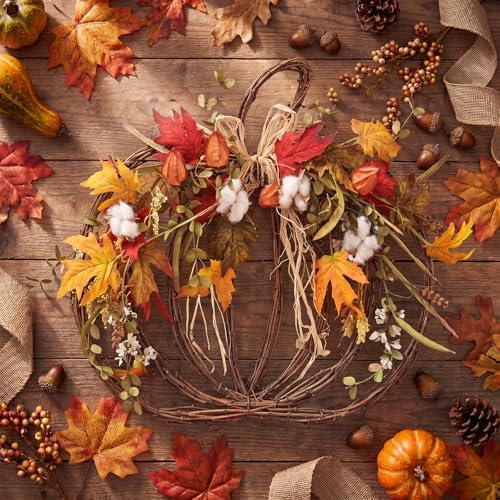Fall Pumpkin Wreath for Front Door, Grapevine Maple Leaves