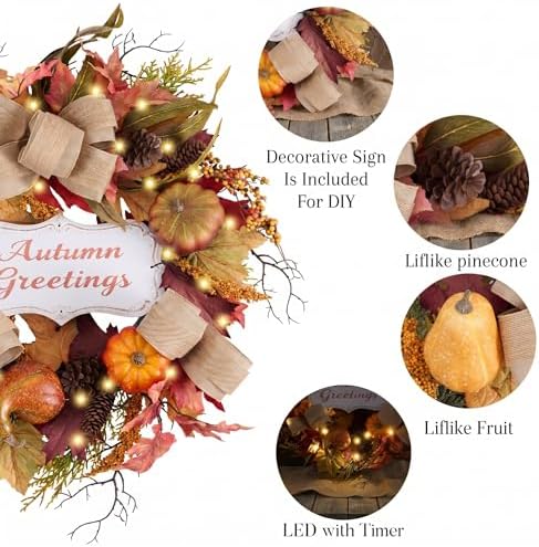 Valery Madelyn 24'' Collapsible Pre-Lit Fall Pumpkin Wreath for Front Door
