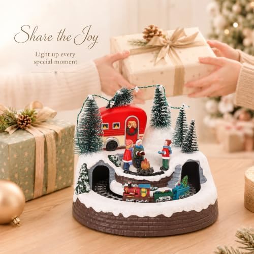 VCUTEKA Christmas Village Houses, Camper with People Campfire and Rotating Train Lighted Musical Christmas Village Collectible Building for Xmas Indoor Decorations or Holiday Table Displays