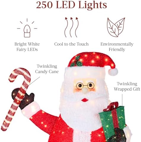 Best Choice Products 5ft Lighted Pop-Up Santa, Large Outdoor Christmas Holiday Decoration w/ 250 LED Lights, Twinkling Candy Cane, Gift Box, Hat