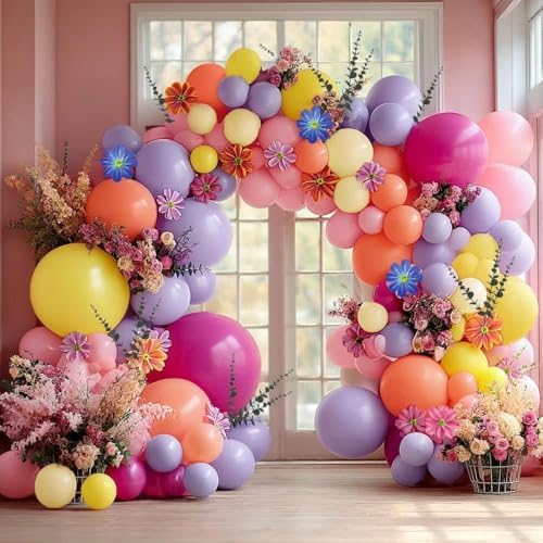 Hot Pink Purple Balloon Arch Double Stuffed Balloons with Artificial Flowers Eucalyptus Leaves Pastel Yellow Peach Magenta Latex Garland for Wildflower Birthday Wedding Floral Tropical Party Decor