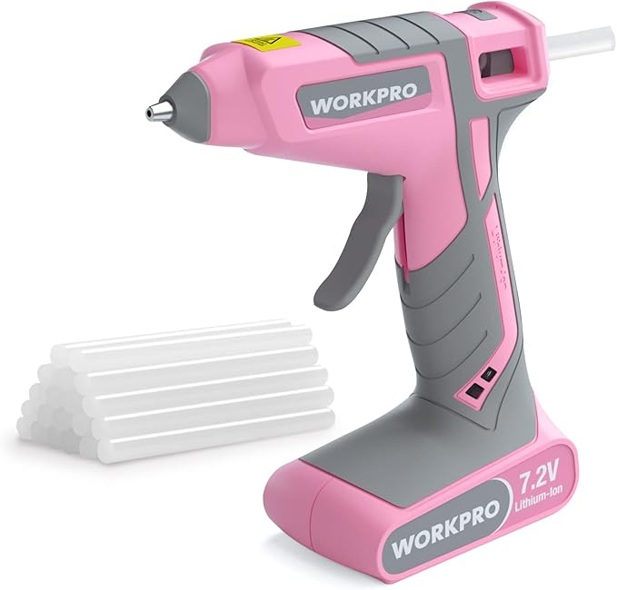 WORKPRO Pink Cordless Hot Melt Glue Gun, 7.2V Rechargeable Fast Preheating Glue Gun Kit with 20 Pc Premium Mini Glue Stick, Automatic-Power-Off Hot Glue Gun for Art, Craft, Decoration - Pink Ribbon