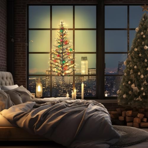 5 FT 144 LED Lighted Wall Christmas Tree with Decorative Balls, 8 Light Modes Plug in Half Christmas Tree, Hanging Flat Mounted Trees for Holiday Apartment Room(Black, Red and Green)