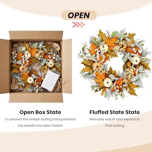 24in Pre-lit Front Door Fall Wreath,for Thanksgiving Home Decor