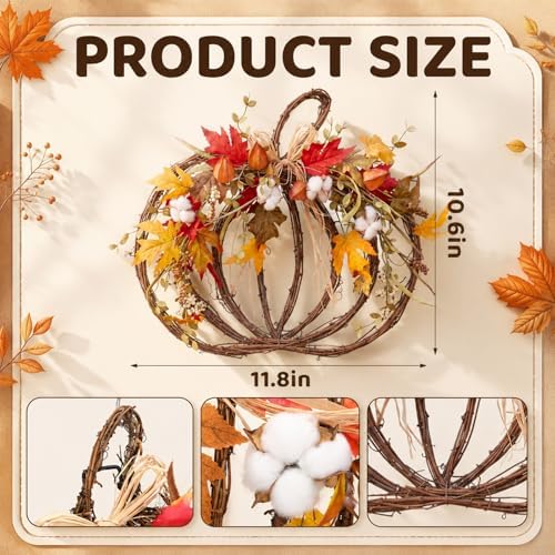 Fall Pumpkin Wreath for Front Door, Grapevine Maple Leaves