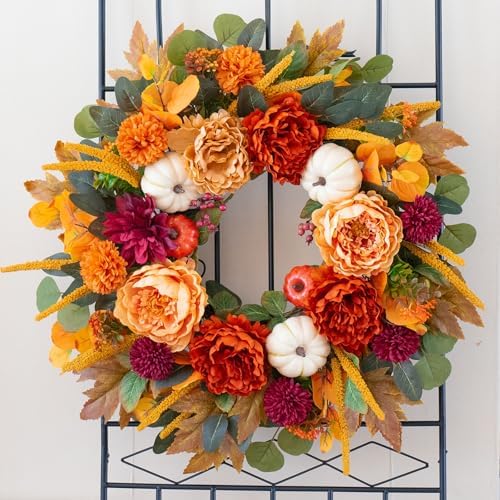 24 Inch Fall Wreaths for Front Door with Orange Peony and Burgundy Dahlias