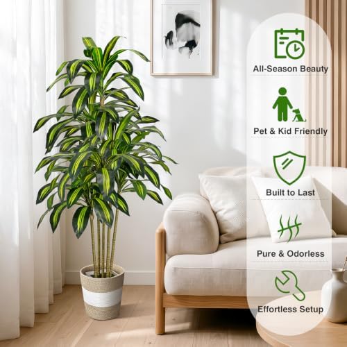 Artificial Dracaena Tree 5FT Tall Fake Plant with Planter&Basket