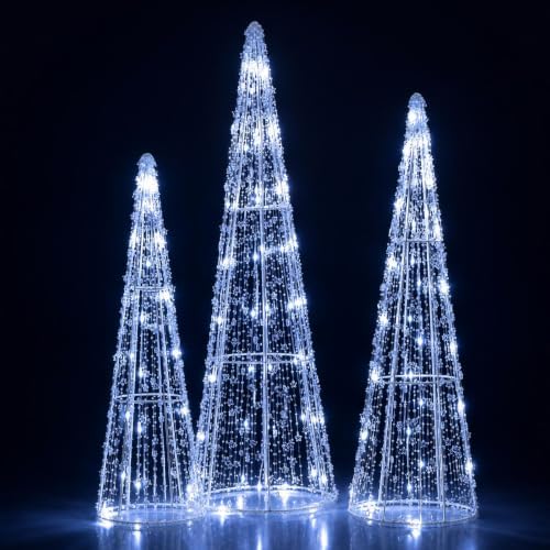 Tangkula Set of 3 Lighted Christmas Cone Trees with Cold White LED Lights